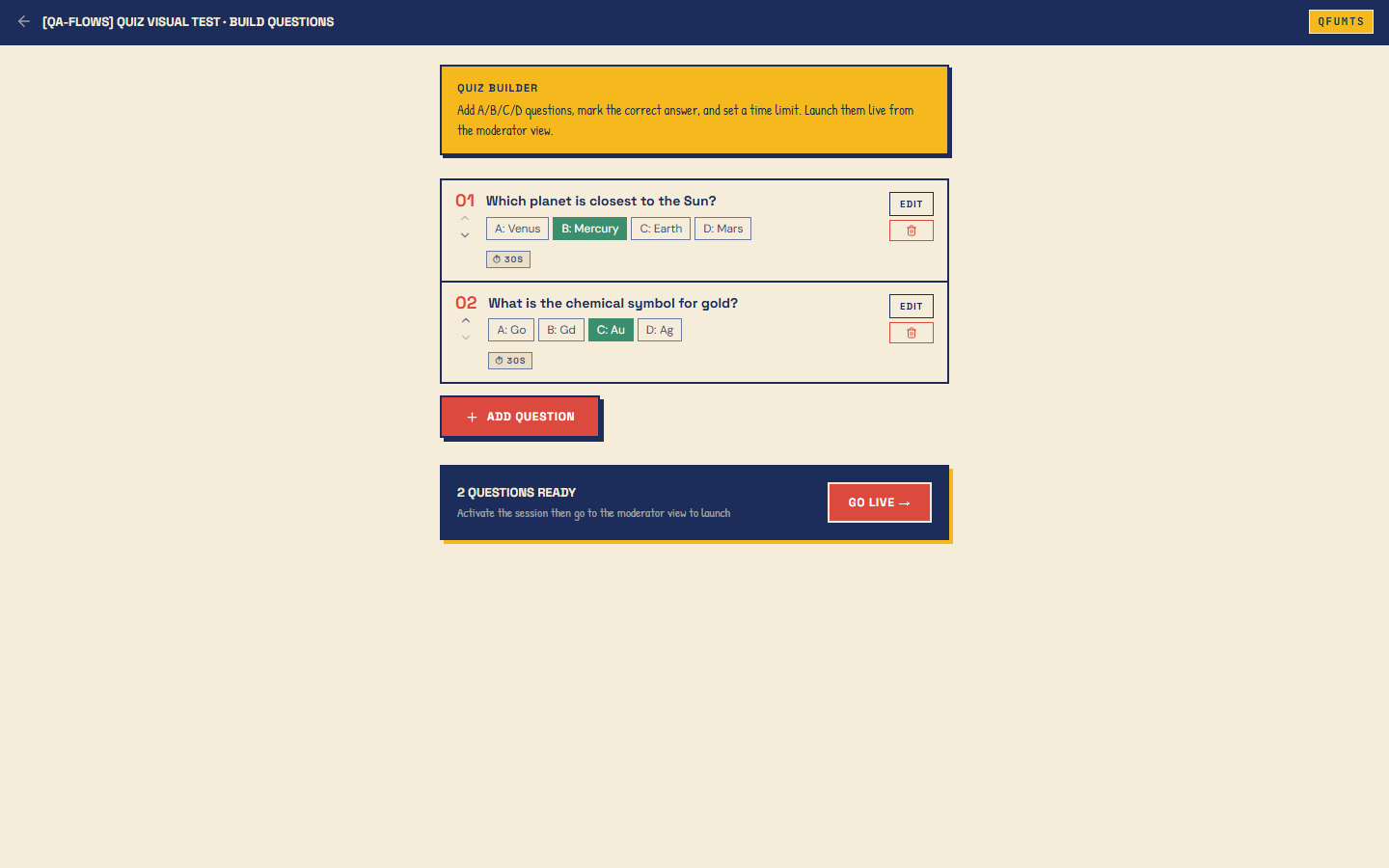 Live quiz question builder