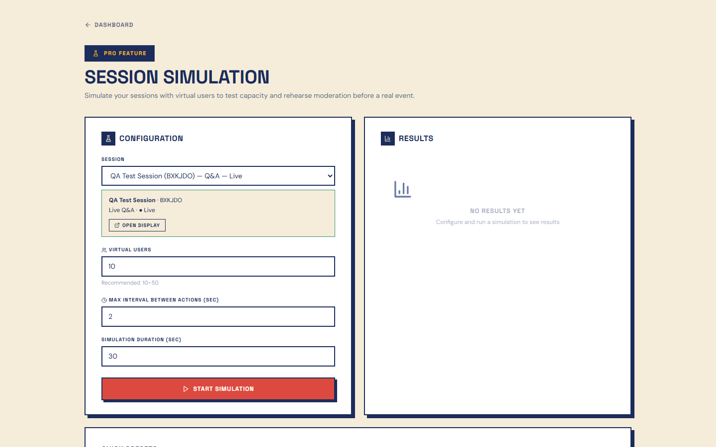 Simulation / test mode screen